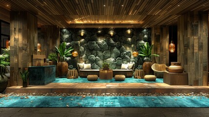  a living room filled with lots of furniture next to a wall covered in fake rocks and a stone wall behind it.