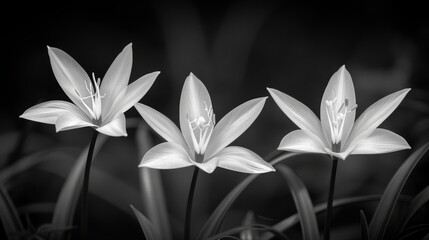  a black and white photo of three white lilies in a black - and - white photo of three white lilies in a black - and - and - white photo of - and - white photo.