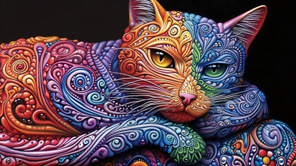 Psychedelic Cat in Deep Thought: A Vibrant and Colorful Artwork Illustrating a Mesmerizing Mix of Patterns and Colors