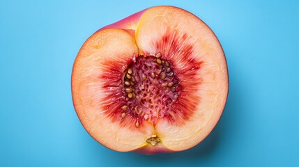  a close up of a piece of fruit with a bite taken out of the center of the fruit, on a blue background.