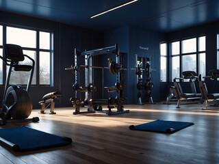 Fototapeta na wymiar modern and minimalistic gym with a wide variety of exercise equipment, dark blue and parquet, empty fitness room, sports equipment, panorama banner design