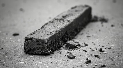  a black and white photo of a piece of chocolate on the ground with a bite taken out of one of the pieces.