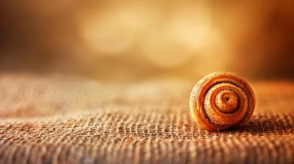 Poster  a close up of a cinnamon roll on a table cloth with a blurry background of light coming from the top of the roll. © Jevjenijs