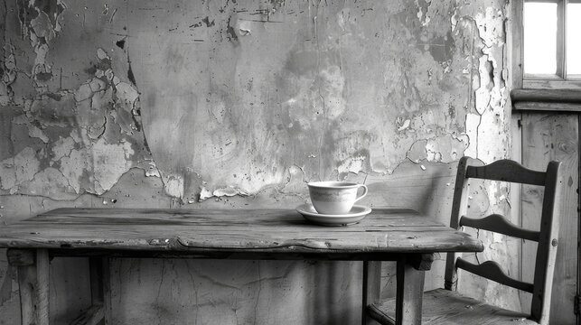  a black and white photo of a cup on a table in a run down room with peeling paint on the walls.
