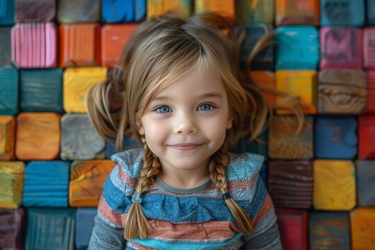 An adorable girl with big blue eyes poses against a vivid backdrop of multicolored books