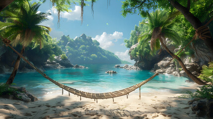 Escape to a peaceful hammock tied between palms, overlooking a calm turquoise sea framed by lush hills and clear skies - obrazy, fototapety, plakaty
