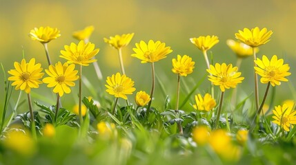  a bunch of yellow flowers are growing in a field of green grass and yellow flowers are in the foreground.