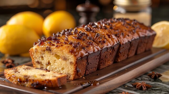  a loaf of cake sitting on top of a wooden cutting board next to sliced lemons and star anise.