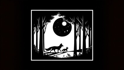 Black and white paper cut forest scene with wolves