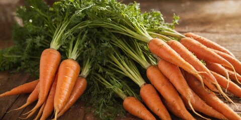 Fresh carrots with green leaves on a wooden background. Selective focus.