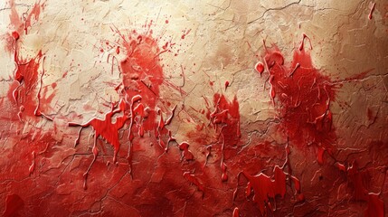  a close up of a red and white painting on a wall with red paint splattered all over it.