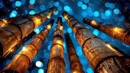  a group of tall wooden poles standing next to each other in front of a blue sky filled with small lights.