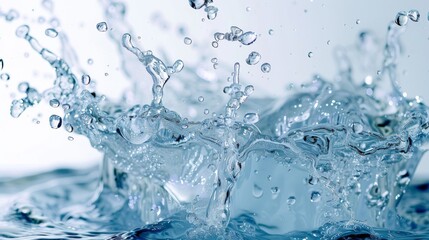  a close up of water splashing on top of a blue and white surface with a white wall in the background.