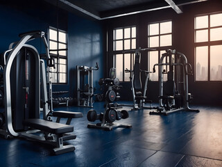 Fototapeta premium modern and minimalistic gym with a wide variety of exercise equipment, dark blue and parquet, empty fitness room, sports equipment, panorama banner design