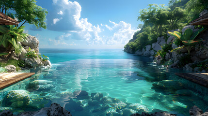 Fototapeta na wymiar Luxurious infinity pool on a tropical coast with azure sea views, surrounded by greenery and a clear blue sky