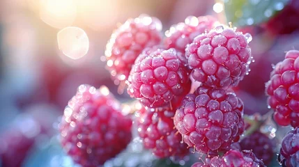 Poster  a close up of a bunch of raspberries with drops of water on the top and bottom of the berries. © Jevjenijs