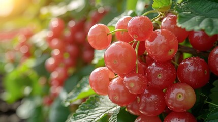  a close up of a bunch of cherries on a tree with water droplets on the cherries and leaves.