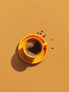 Black Coffee in Orange Mug: Overhead Shot with Scattered Coffee Beans With Copy Space 