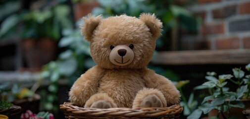 smiling teddy bear in wicker rattan basket in garden, leisure relax in nature landscape, Generative Ai