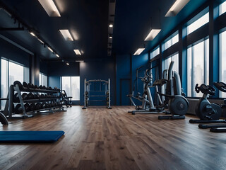 modern and minimalistic gym with a wide variety of exercise equipment, dark blue and parquet, empty fitness room, sports equipment, panorama banner design