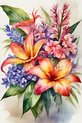 Bouquet of colorful tropical flowers on white background. Watercolor art. Greeting card for Valentine's Day, birthday, wedding, anniversary or Mother's Day