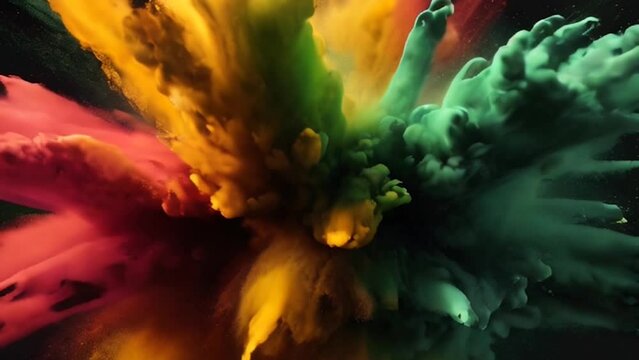 Colored powder explosion, Explosive splash red, yellow, green color powder dusk on black background. Black history month background Colored powder explosion slow motion 4k video.