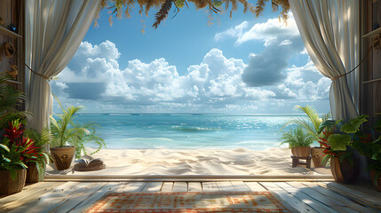 Inviting beach view through the flowing curtains of a seaside cabin, symbolizing relaxation and connection with nature