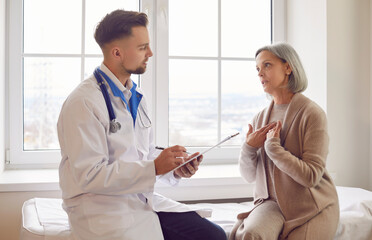 Doctor's office senior woman visits doing medical check-ups for seniors. Regular doctor visits play...