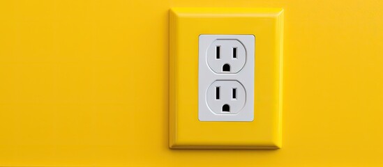 A yellow wall socket mounted on a yellow wall, blending seamlessly. The rectangular shape of the socket complements the modern font on the wall plate