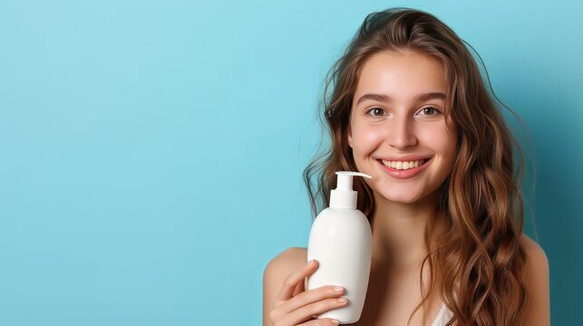 Woman smiling holding bottle of lotion