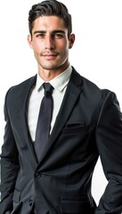 Young, stylish businessman posing in a black suit on a white background