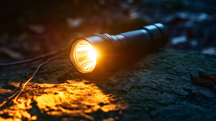 Fototapeta premium An illuminated flashlight on rocky ground.
