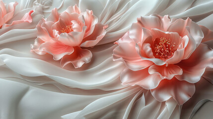 a close up of two pink flowers on a white satin material background with a pink flower in the center of the image.