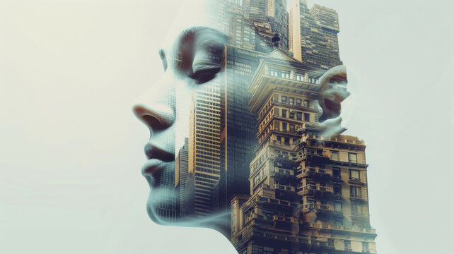 Surreal double exposure of a woman's face and cityscape.