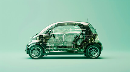 A compact electric car with a minimalist design, visible through a translucent layer of green tech...