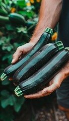 Zucchini selection  hand holding fresh zucchini with blurred background, copy space available