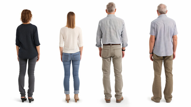 Back views of four standing people.