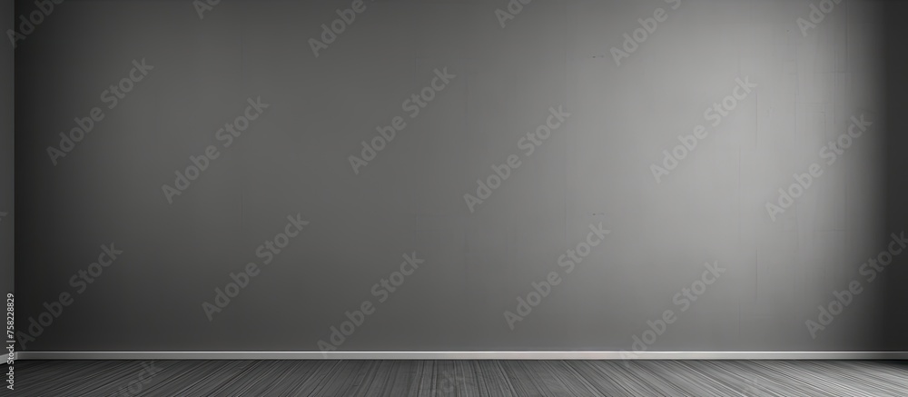 Poster an empty room with a grey rectangular wall and wooden flooring. the tints and shades of grey create 