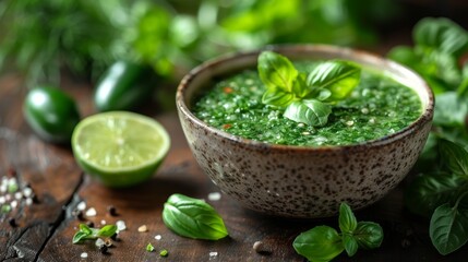  a close up of a bowl of food on a table with basil, lime, pepper, and seasoning.