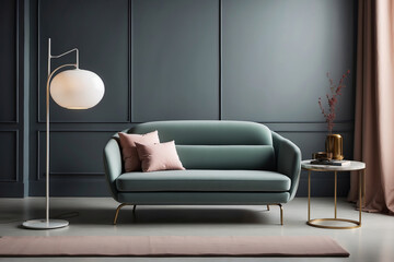 Mailänder Design-Wohnzimmer mit stilvollem grünem Sofa und moderner Beleuchtung - obrazy, fototapety, plakaty