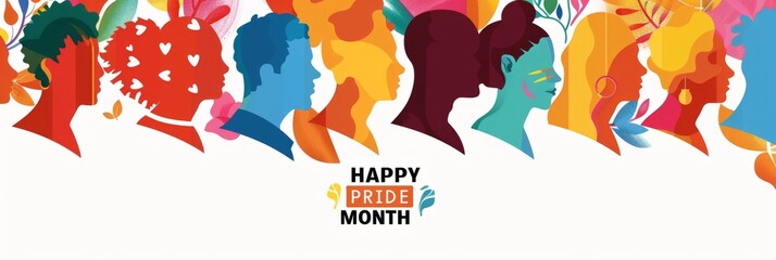 "HAPPY PRIDE MONTH" and the date in white letters on a white background It has an abstract style, showcasing a colorful pattern of leaves and flowers, adding depth and vibrancy Generative AI