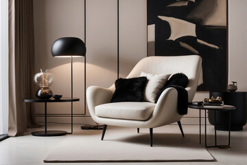 Designer-Armlehnstuhl als Highlight im modernen Monochrom-Wohnzimmer