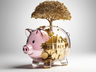 Transparent Piggy Bank Filled with Coins, House, and Tree isolated on white background (mortgage, or house purchase, Real Estate Savings Concept).