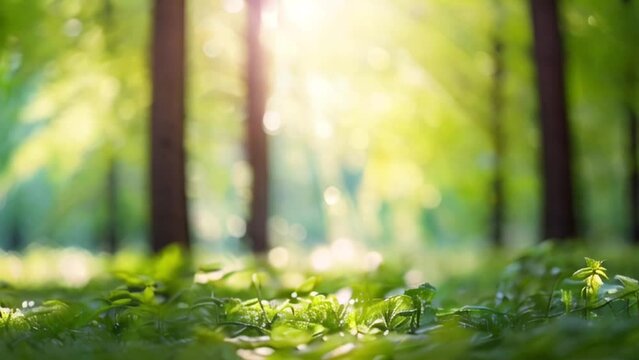 Beautiful green natural video bokeh abstract background., Beautiful nature bokeh background of blurry sunset landscape and defocused round particles of poplar pollen flying all around air in evening.