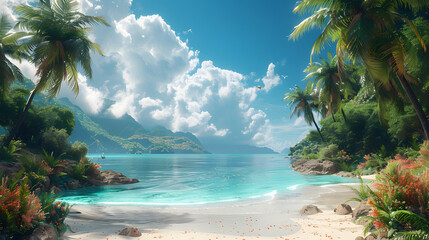 A breathtaking landscape depicting a pristine tropical beach with majestic mountains in the background