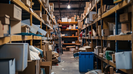 Messy warehouse with scattered boxes.