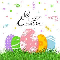 Decorative Easter eggs on green grass. Happy Easter banner with lettering in trendy style. Creative card design with colorful lines and dots pattern. Vector Illustration   
