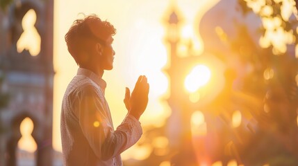 Young muslim man prayer hijab pray to God on blur mosque background concept for eid mubarak, life and soul fasting of international islamic ramadan sunlight generative ai