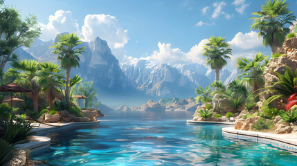 View from a lavish poolside capturing majestic mountains, clear skies, and an exotic tropical setting