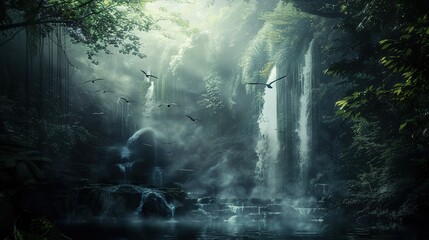Naklejka premium A dark forest scene with a small cave behind a waterfall, and a few birds flying overhead. The scene is bathed in a soft, ethereal light, and the mist rises up into the air.